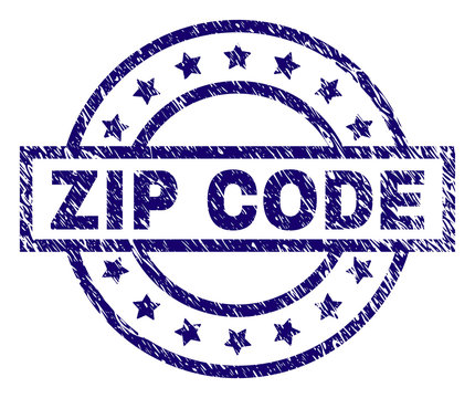 ZIP CODE seal print with grunge texture. Designed with rectangle, circles and stars. Blue vector rubber print of ZIP CODE tag with dust texture.