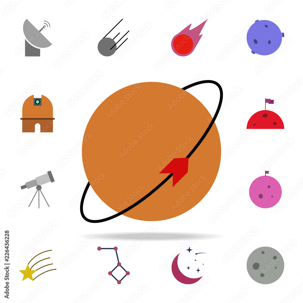 Poster planet with a companion colored icon. colored space icons universal set for web and mobile