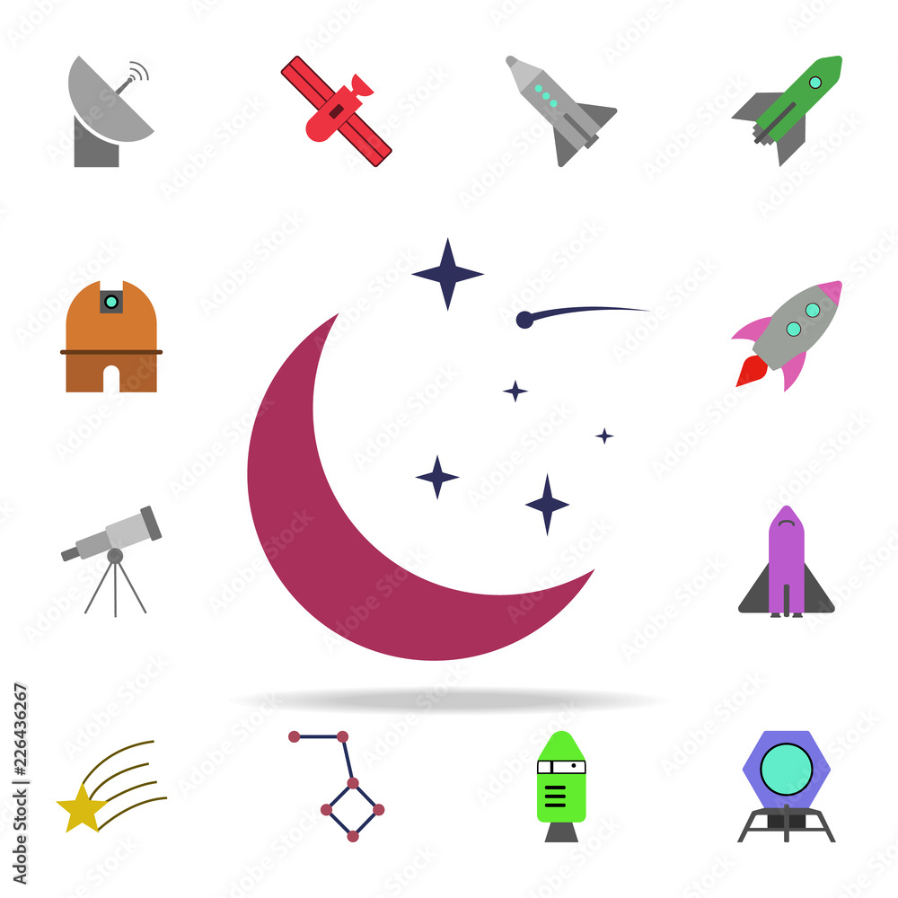 Poster crescent moon and stars colored icon. colored space icons universal set for web and mobile