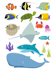 Sea creatures and fish set vector