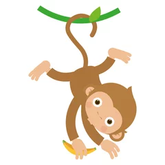 Behang Aap aap opknoping op boom platte vector cartoon