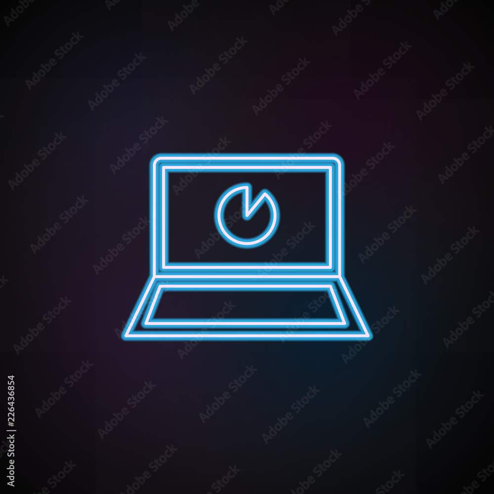 Poster pie chart on laptop icon in neon style. one of mobile banking collection icon can be used for ui, ux