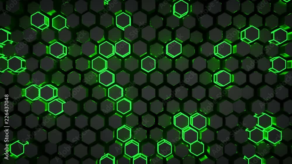 Poster wall of glowing green hexagons. futuristic technology concept. seamless loop 3d render animation 4k 