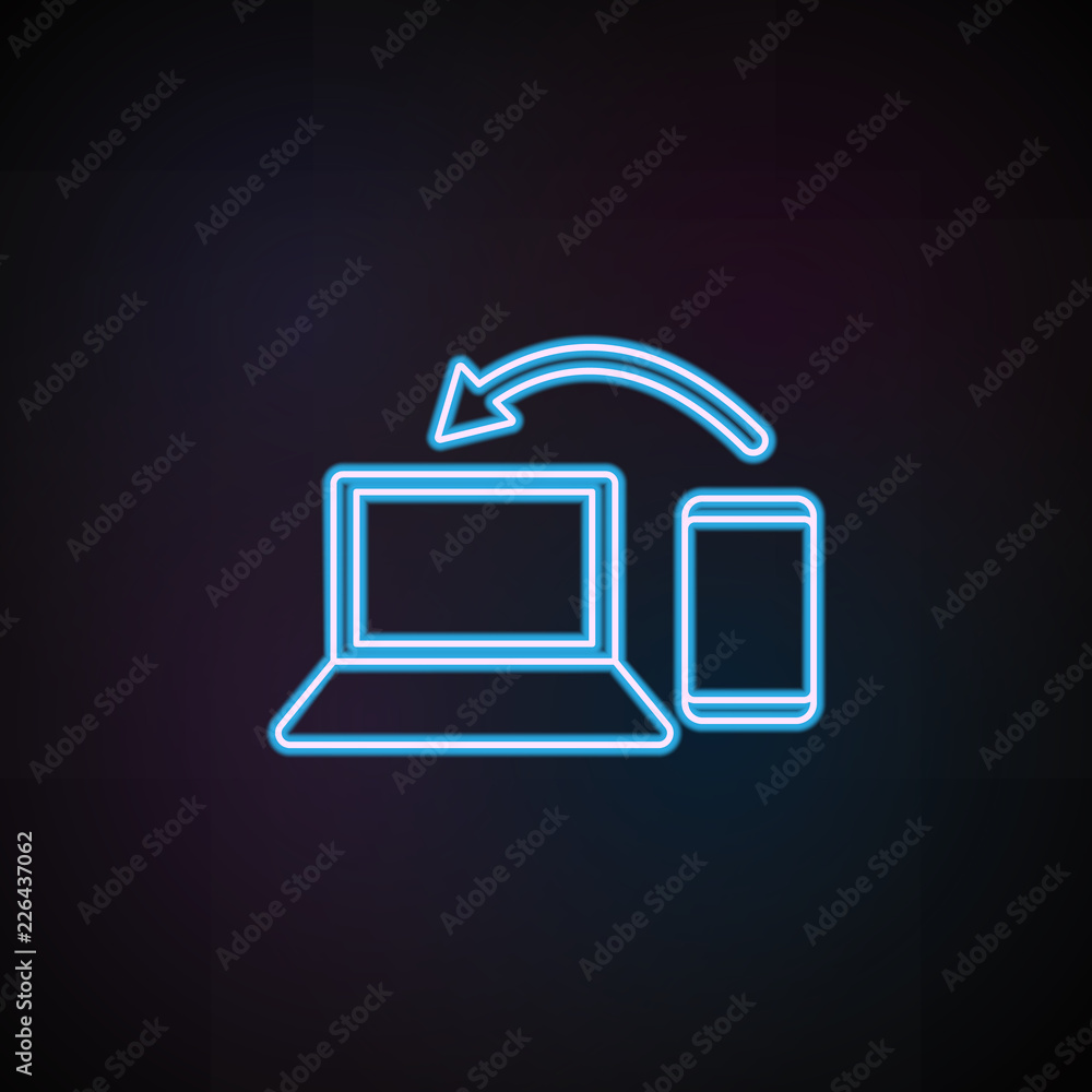 Poster synchronize smart phone with laptop icon in neon style. one of mobile banking collection icon can be