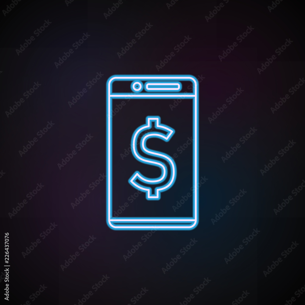 Poster dollar in a smart phone icon in neon style. one of mobile banking collection icon can be used for ui