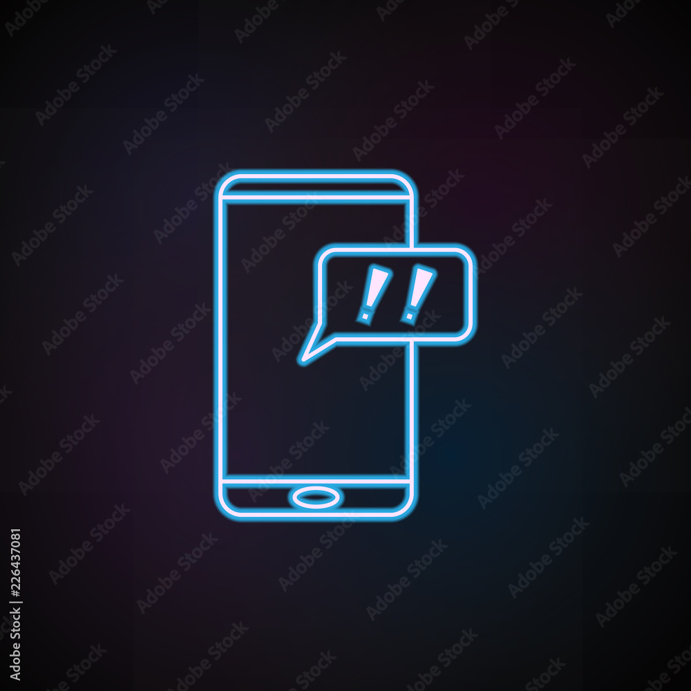 Poster exclamation from a smart phone icon in neon style. one of mobile banking collection icon can be used