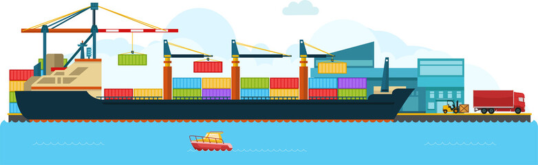 Container Cargo freight ship with working crane bridge in shipyard at dusk for Logistic Import Export
