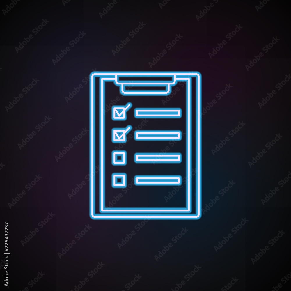 Poster checklist icon in neon style. one of mobile banking collection icon can be used for ui, ux