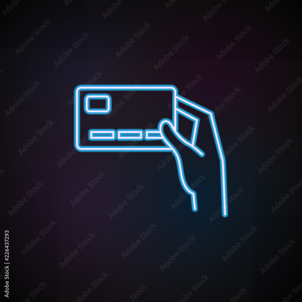Poster credit card user icon in neon style. one of mobile banking collection icon can be used for ui, ux