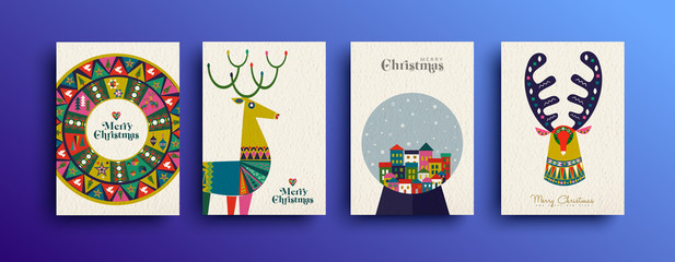 Merry christmas vintage folk card collection