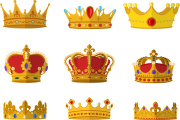 Set of gold crown icon with different size and model