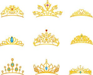 Beautiful tiara gold with different size and model - obrazy, fototapety, plakaty