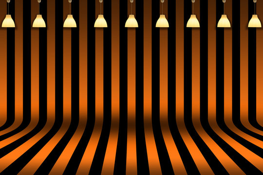 Stripe room in black and orange design with Lamp lighting and cobweb for Halloween card background. - Empty room