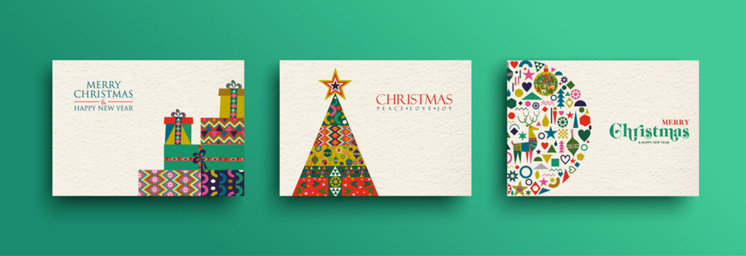 Merry Christmas retro folk art card collection