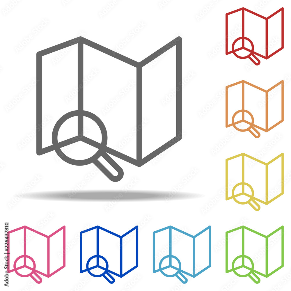 Aufkleber magnifier on the expanded map icon. elements of navigation in multi colored icons. simple icon for w