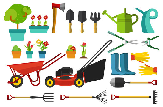 Vector illustration of garden tools and items with many size and model
