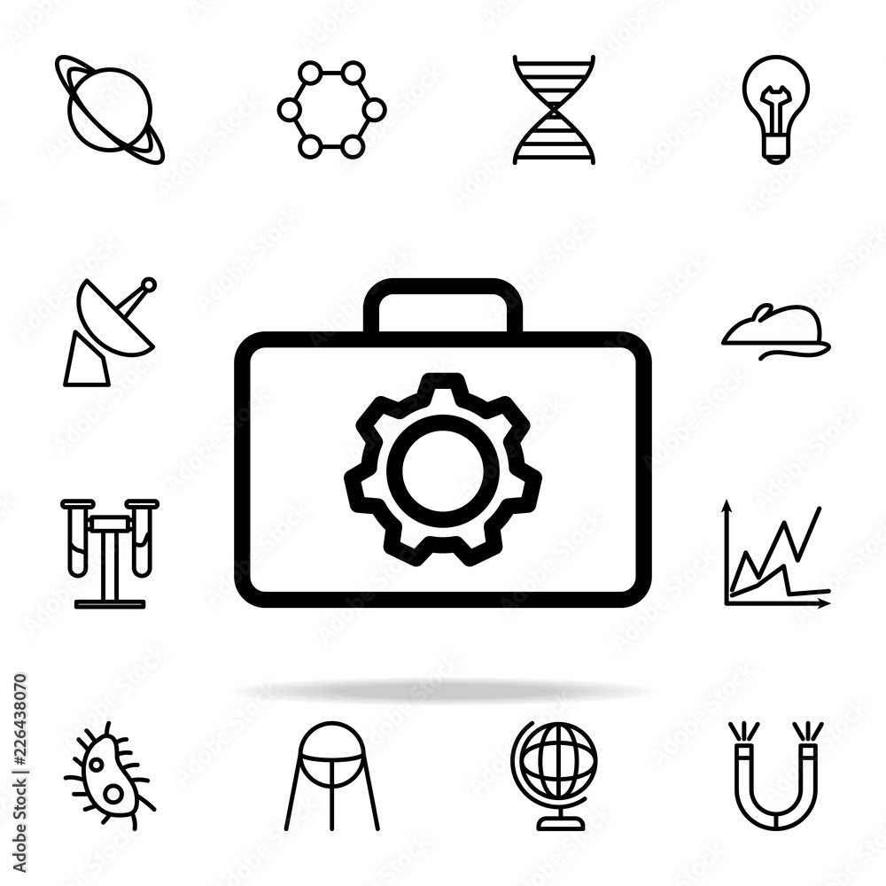 Poster a suitcase with a mechanism icon. science icons universal set for web and mobile