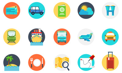 Travel icon with many symbol of transportation, airplane, bus, truck, railway, and car