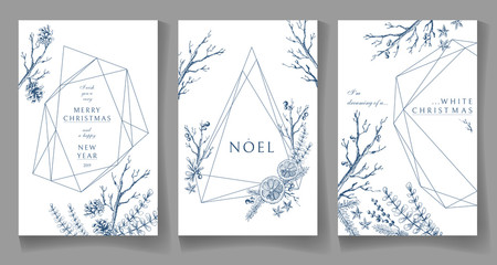 Set of winter cards, geometric trendy crystal design. Hand drawn - 226438814