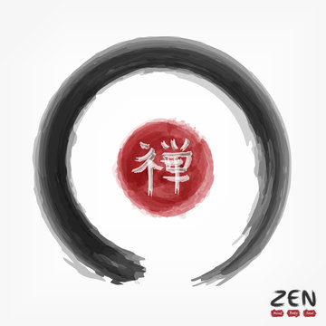 Enso zen circle with kanji calligraphic ( Chinese . Japanese ) alphabet translation meaning zen . Watercolor painting design . Buddhism religion concept . Sumi e style . Vector illustration