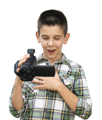 Boy hold video camera. White isolated