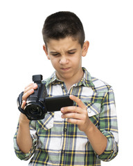 Boy hold video camera. White isolated