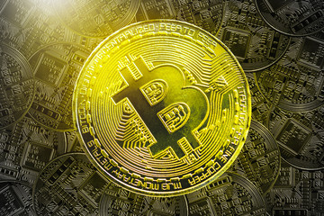 Bitcoin concept. Golden bitcoin with golden pattern background. Electronic money online. Picture for add text message. Backdrop for design art work.