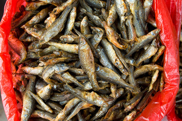 Dried Small fish in a market at china