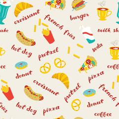 Seamless Background with Doodle Fast Food. Vector Illustration.