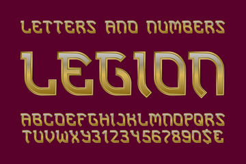 Legion golden letters and numbers with currency signs. Gaming stylized font.