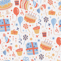 Seamless Background with Party Elements: Gift, Cake, Balloon and etc.