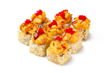 Set of hot sushi rolls with sesame, lava maki and tobico isolated at white background.
