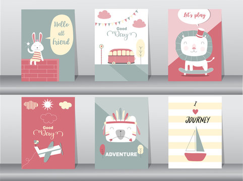 Set of cute animals poster,template,cards,rabbit,bear,zoo,Vector illustrations 