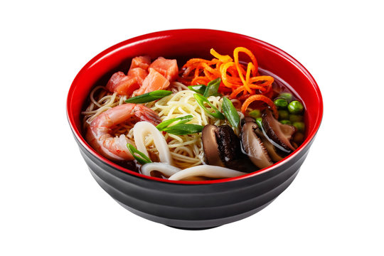 Top view image of japanese ramen soup with noodles, salmon, mushrooms and seafood isolated at white background.