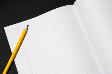 Photo of a fragment of a notebook in a line on which a pencil lies. There is a place for text.