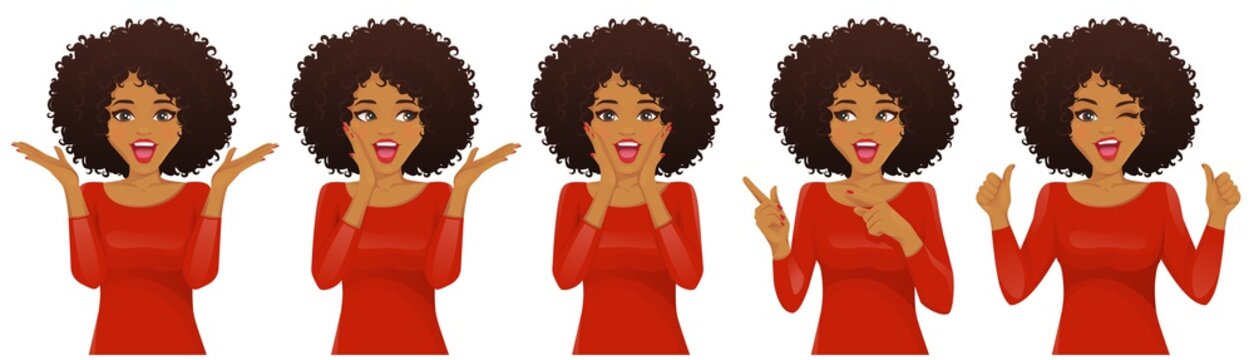 Surprised african american woman with afro hairstyle and open mouth set isolated vector illustration
