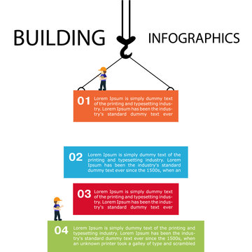 Building Of Infographics. Template Construction Sites Or Other Projects. Vector Illustration Of A Construction Crane And People Colored Blocks Blue, Green, Red.