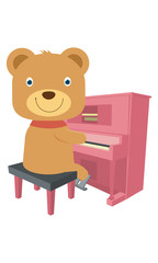 Cute brown teddy bear playing piano in flat vector style