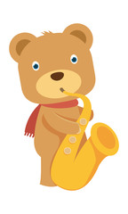 Happy brown teddy bear playing saxophone in flat vector style
