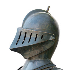 Old iron knight's helmet isolated on white background. Closeup