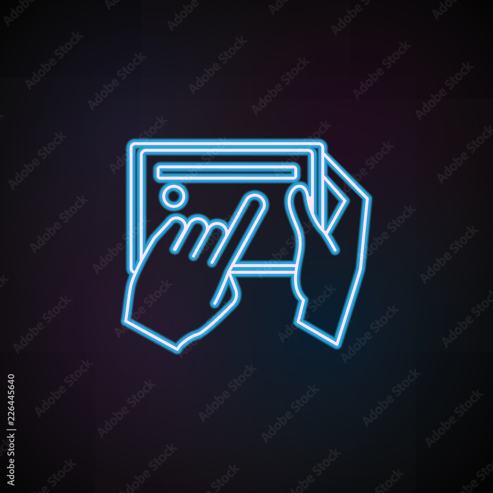 Poster tablet user icon in neon style. one of mobile banking collection icon can be used for ui, ux