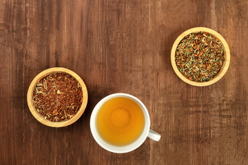 An overhead photo of tea, on a dark rustic background with copy space