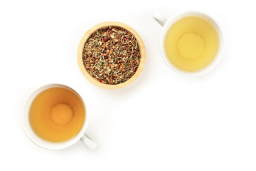 An overhead photo of tea, on a white background with copy space