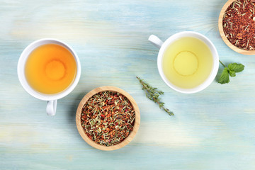 An overhead closeup photo of tea, on a teal background with copyspace