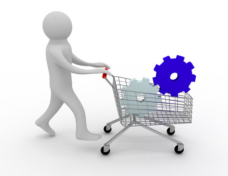 A 3d person/two gears in the shopping cart
