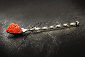 A photo of red caviar in a spoon, side view on a black background with copy space