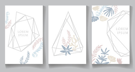 Set of pastel color cards, geometric trendy crystal design. Hand