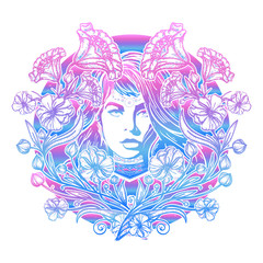 Art nouveau woman and flowers tattoo and t-shirt design