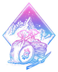 Obraz premium Bitcoin and mountains, new gold rush tattoo and t-shirt design. Cryptocurrency art