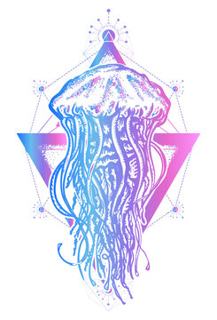 Creative geometric jellyfish tattoo art t-shirt print design poster textile. Jellyfish. Mystical symbol of adventure, dreams, deep sea